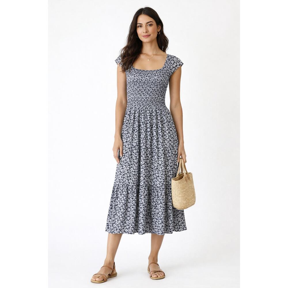 Nation LTD Pima Cotton Smocked Midi Dress Black White Size XS Casual